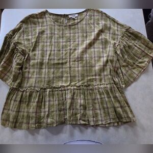 NWOT EASEL MISSES SZ S Olive and Burgundy Plaid Top with Peplum Hem